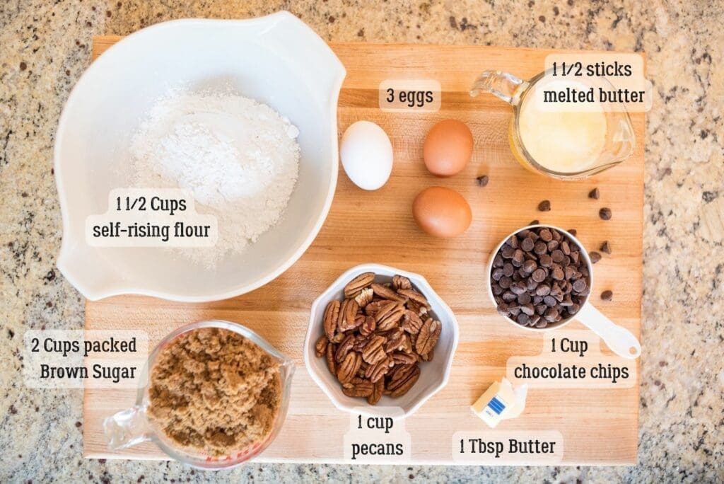 ingredients for blondies with toasted pecans