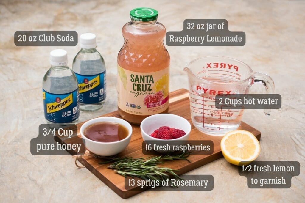 ingredients for raspberry lemonade mocktail spritzer