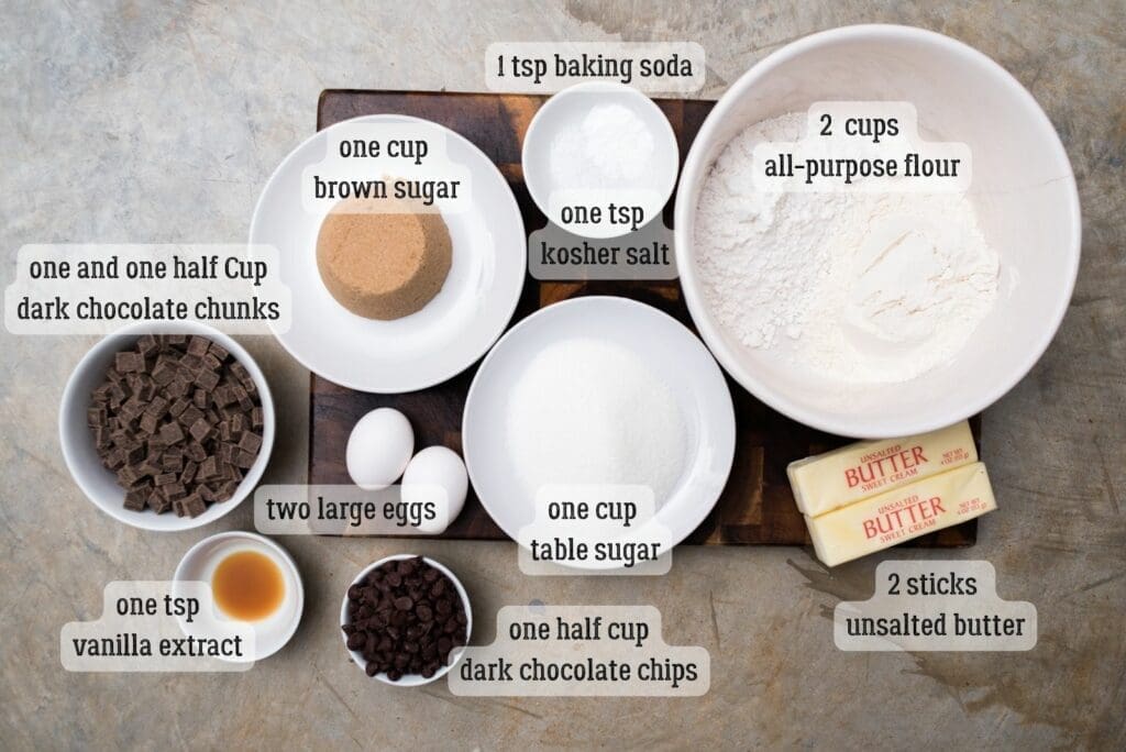 ingredients for salted dark chocolate chunk cookies